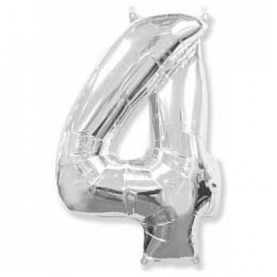 Фольгированный шар (40"/102 см) Цифра, 4, Серебро