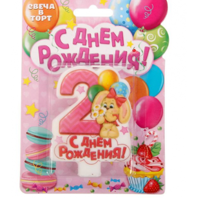 Свеча в торт цифра 2 для девочек "С Днем Рождения"