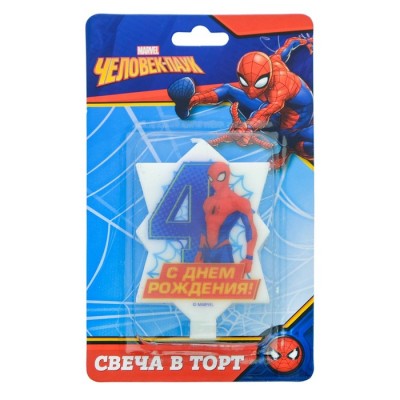 Свеча в торт 4 "С Днем Рождения", Человек-паук, 5.1 х 8 см