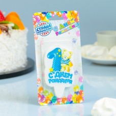 Свеча для торта цифра "Мишка с подарком" синяя "1"
