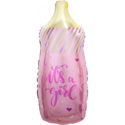 Шар (33''/84 см) Фигура, Бутылочка для малышки (сердечки), Розовый, 1 шт.